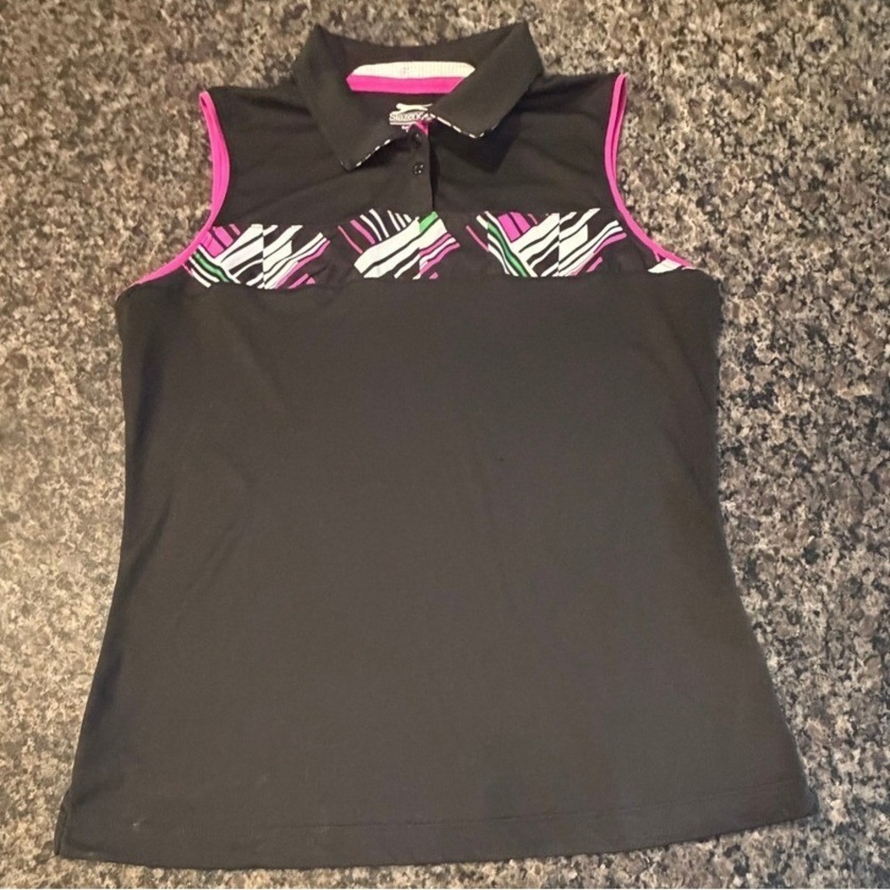 Slazenger Golf Womens Medium Sleeveless Polo Shirt Black Pink Geometric Graphic